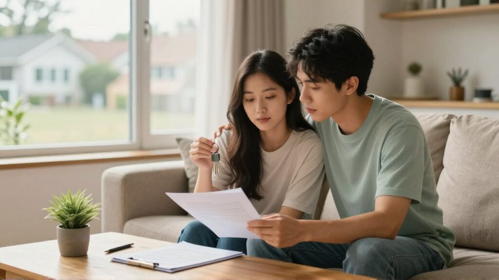 Pareja joven sentada en un sofá moderno mirando con alivio unas llaves y documentos de su nueva casa.