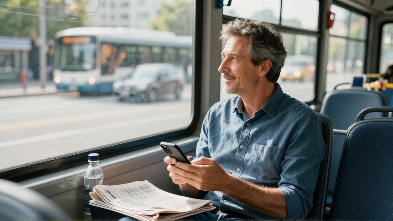 Hombre de mediana edad observa su cuenta bancaria en el móvil mientras viaja tranquilo en un autobús urbano.