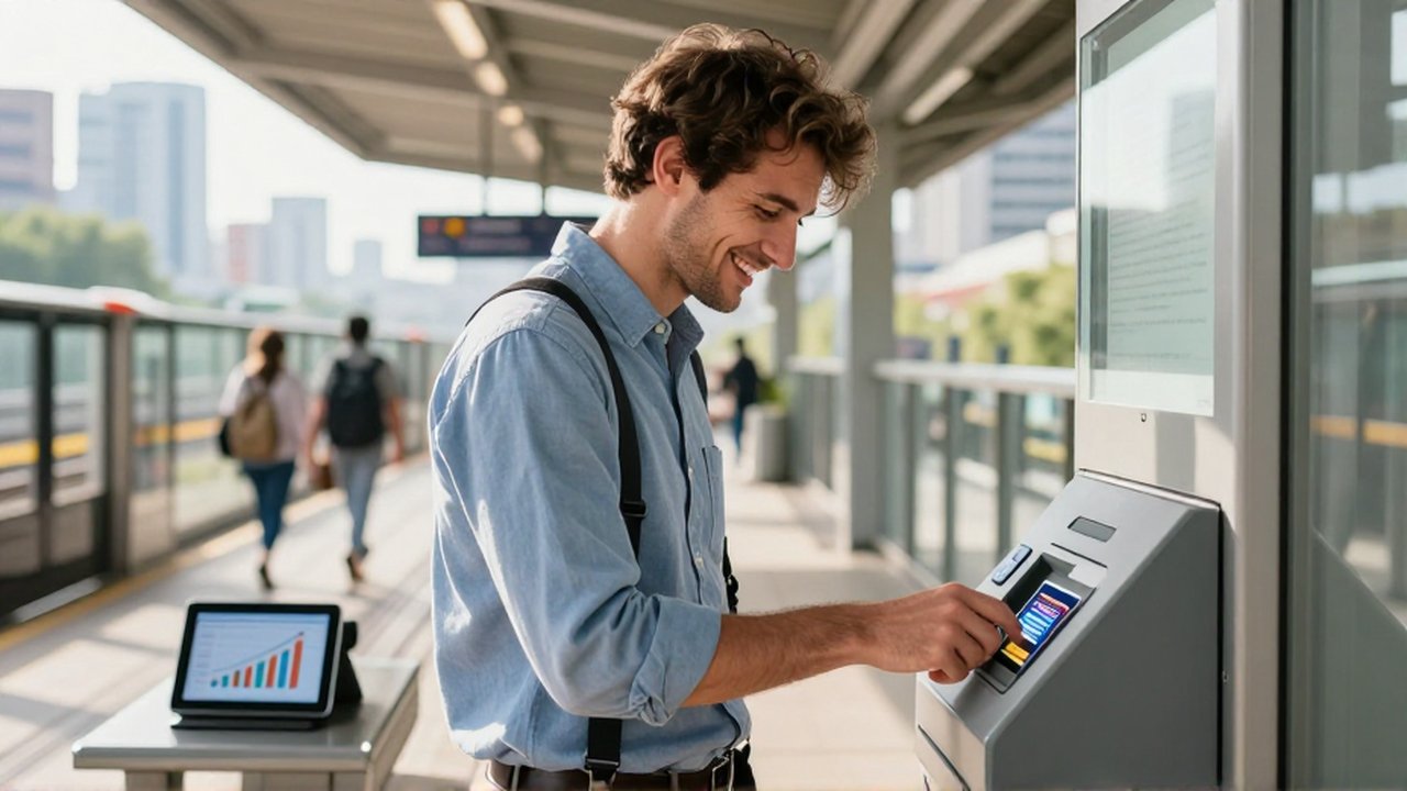 Un hombre sonríe con alivio mientras paga su transporte con una tarjeta de contacto en una estación moderna.