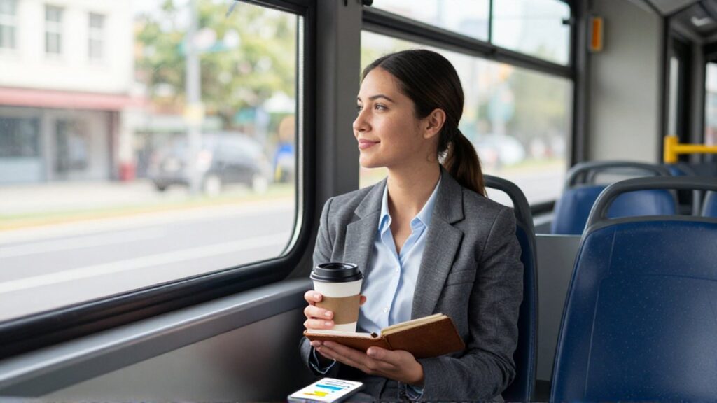 Mujer joven sonríe relajada en un autobús urbano mientras sostiene un café y un cuaderno.