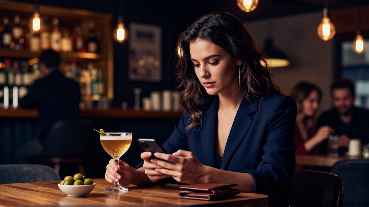 Mujer joven revisa su aplicación bancaria en un móvil mientras sostiene un cóctel en un lounge con luz tenue.