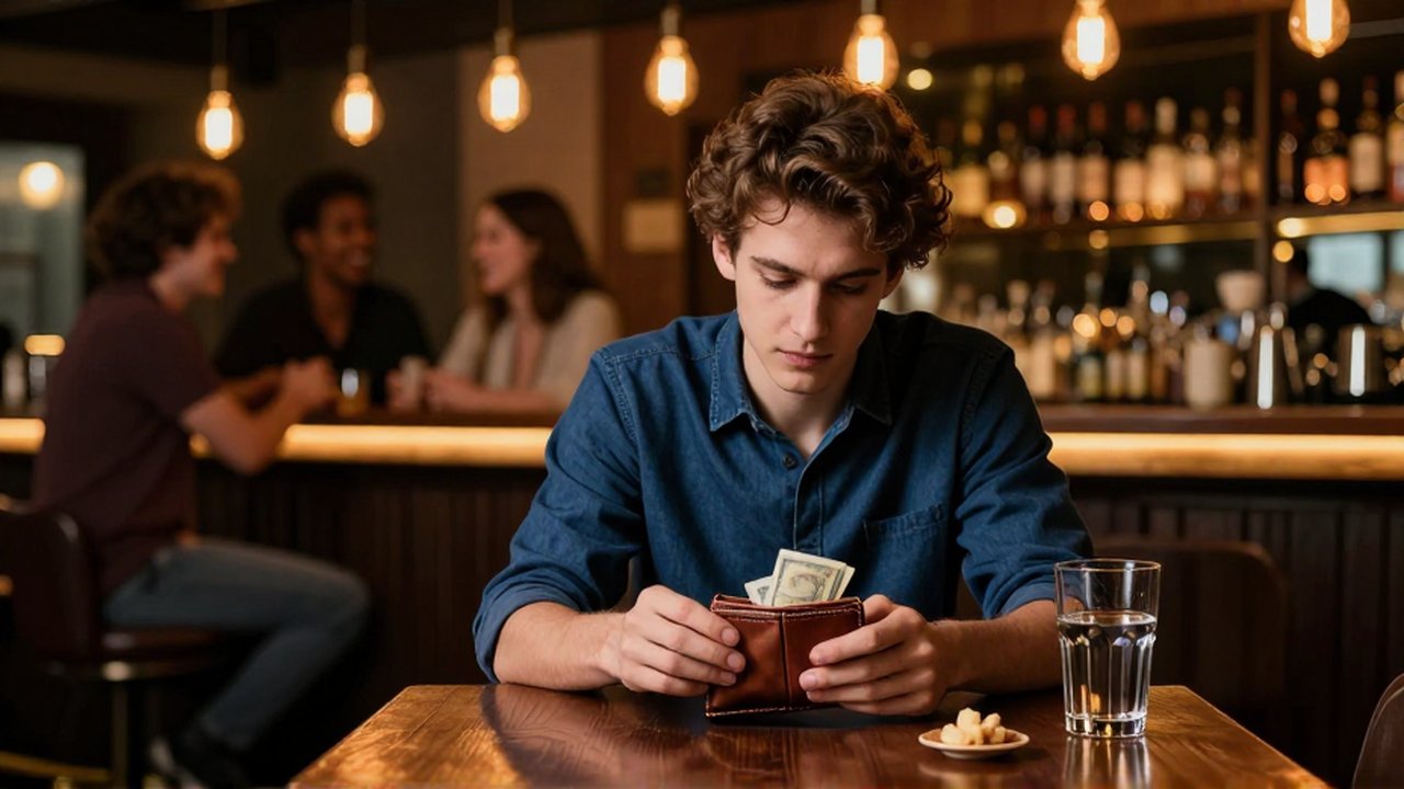 Persona pensativa en un bar revisando su billetera y dinero antes de decidir si pedir otra bebida.