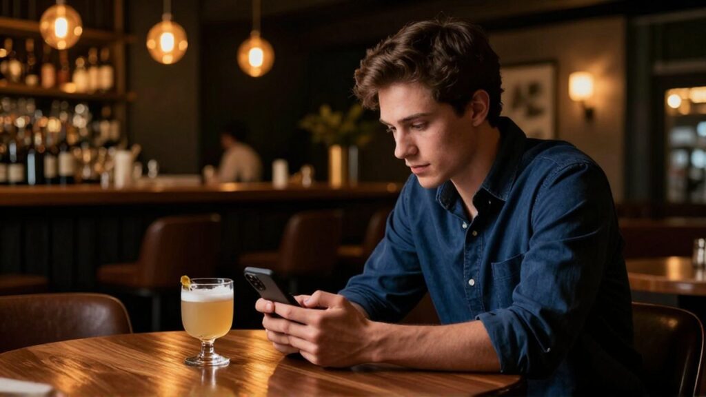Persona sentada en un bar moderno consultando una aplicación bancaria en su móvil junto a un cóctel.