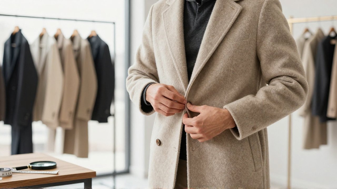 Persona examinando minuciosamente la textura y las costuras de un abrigo de lana en una boutique minimalista.