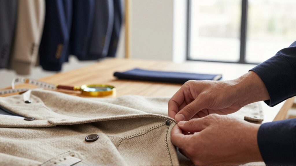 Manos de un sastre inspeccionando la textura y costuras de un blazer de lana sobre una mesa de madera.