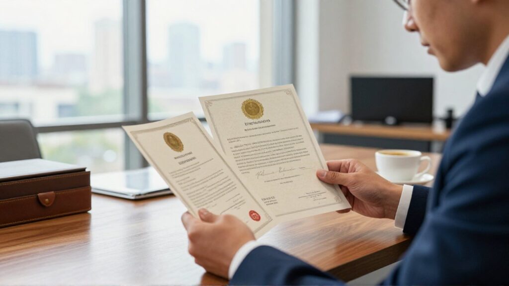 Inversor comparando dos certificados de acciones físicos en un escritorio de oficina luminoso.