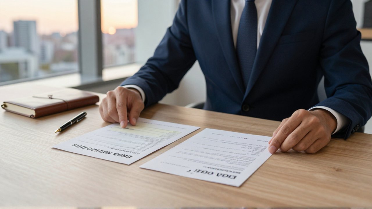 Analista financiero comparando dos certificados de bonos físicos sobre un escritorio en una oficina moderna.