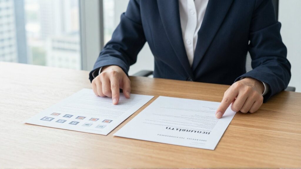 Asesor financiero señala dos documentos en un escritorio para comparar pagos de intereses frente a un certificado de valor futuro.