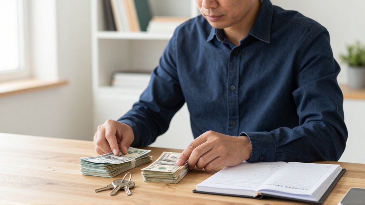 Hombre en un despacho comparando fajos de billetes y llaves de una casa sobre un escritorio.