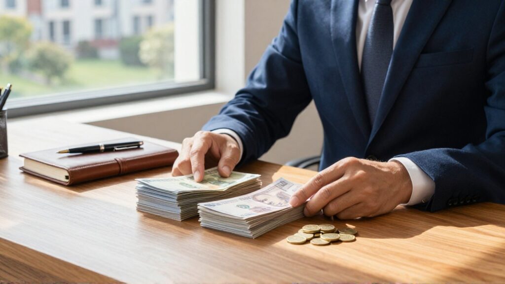 Asesor financiero organizando billetes y monedas sobre un escritorio de madera en una oficina luminosa.