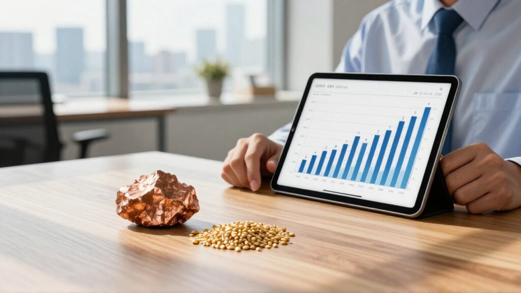 Analista financiero compara minerales de cobre y granos de oro junto a gráficos bursátiles en una tableta.