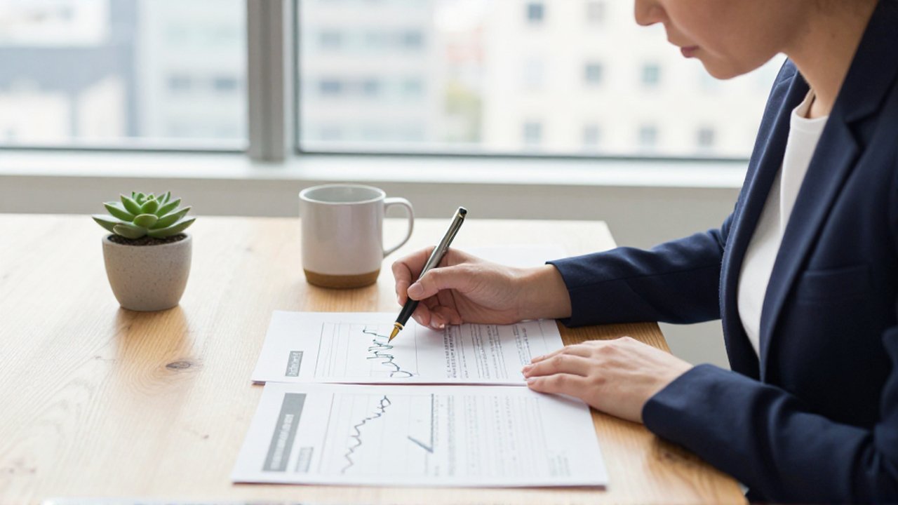 Analista financiera estudia dos gráficos de estrategias impresos en un escritorio de oficina moderno.