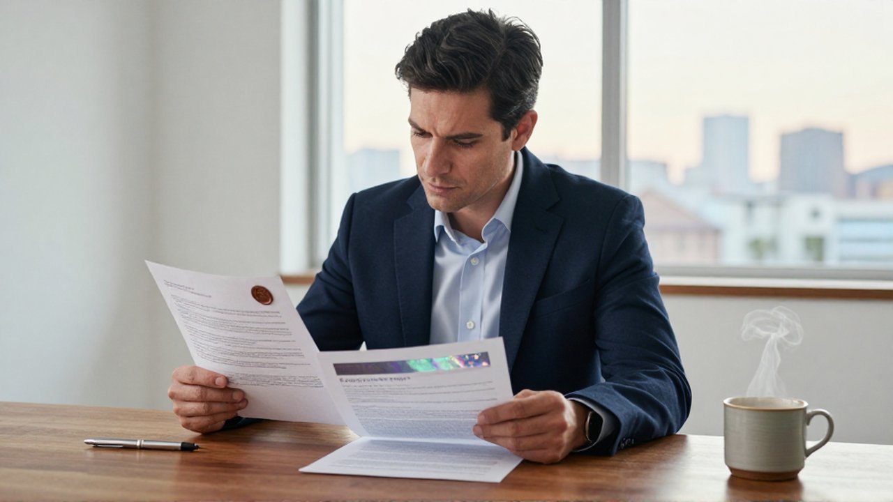 Inversor analiza detalladamente dos contratos financieros sobre un escritorio en su oficina moderna.