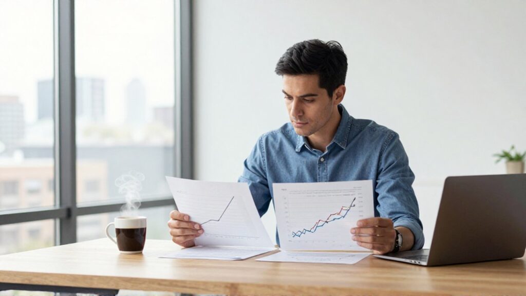 Inversor concentrado comparando dos documentos con gráficos financieros en un escritorio de oficina iluminado.