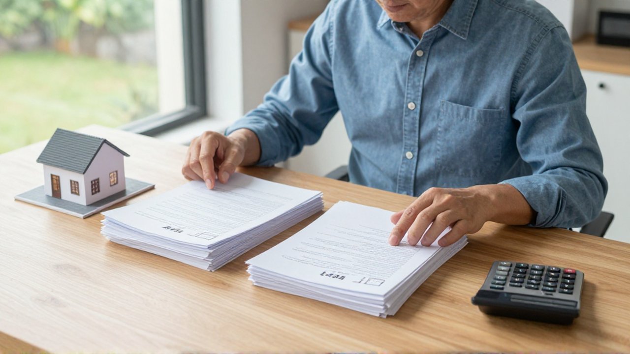 Persona organizando documentos y usando una calculadora en un escritorio luminoso para gestionar sus finanzas.
