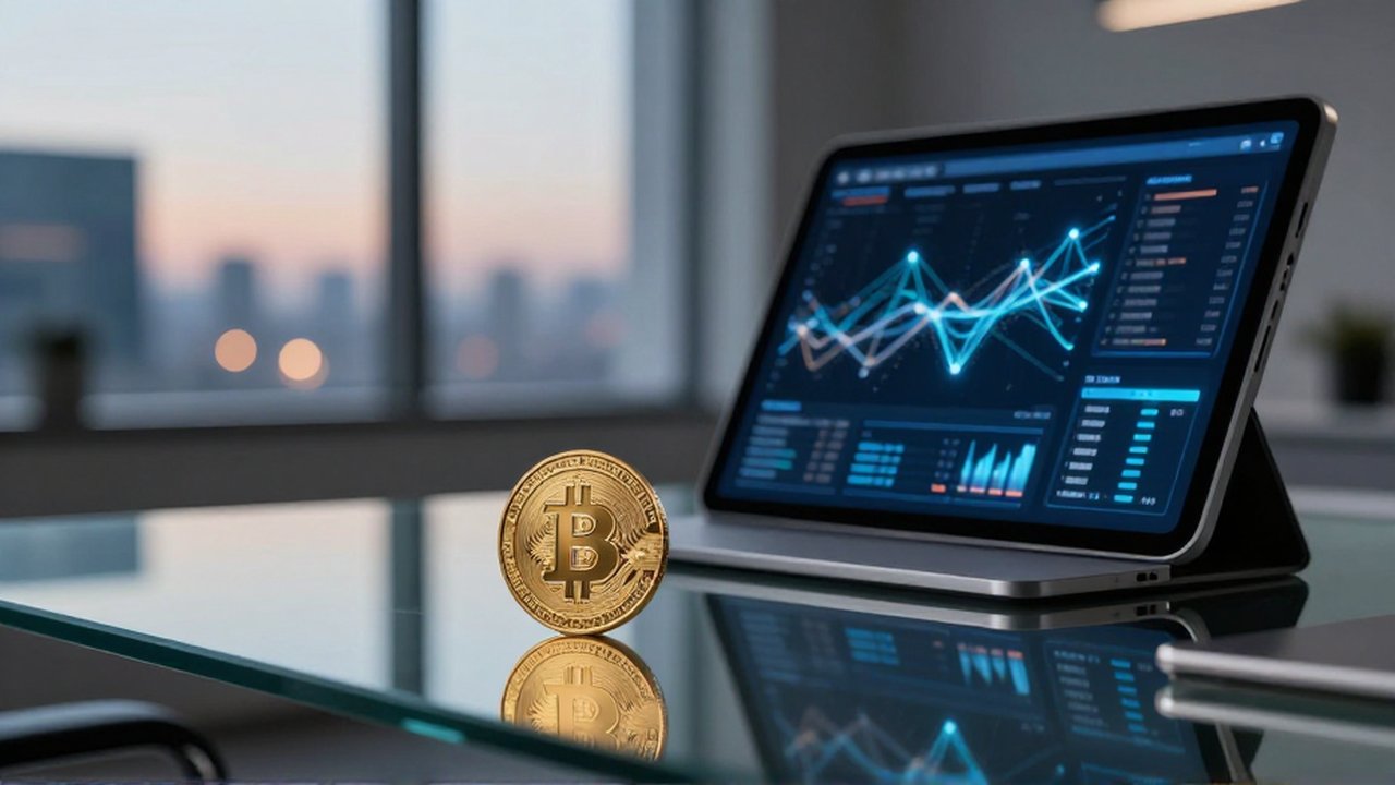 Moneda dorada de Bitcoin sobre un escritorio de cristal junto a una tableta con datos financieros digitales.