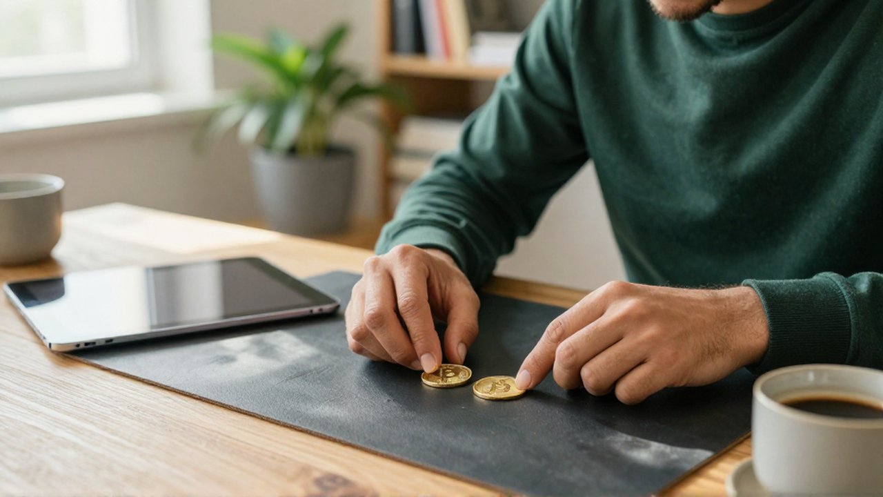 Joven inversor analiza en su escritorio dos monedas doradas de distinto tamaño y textura.