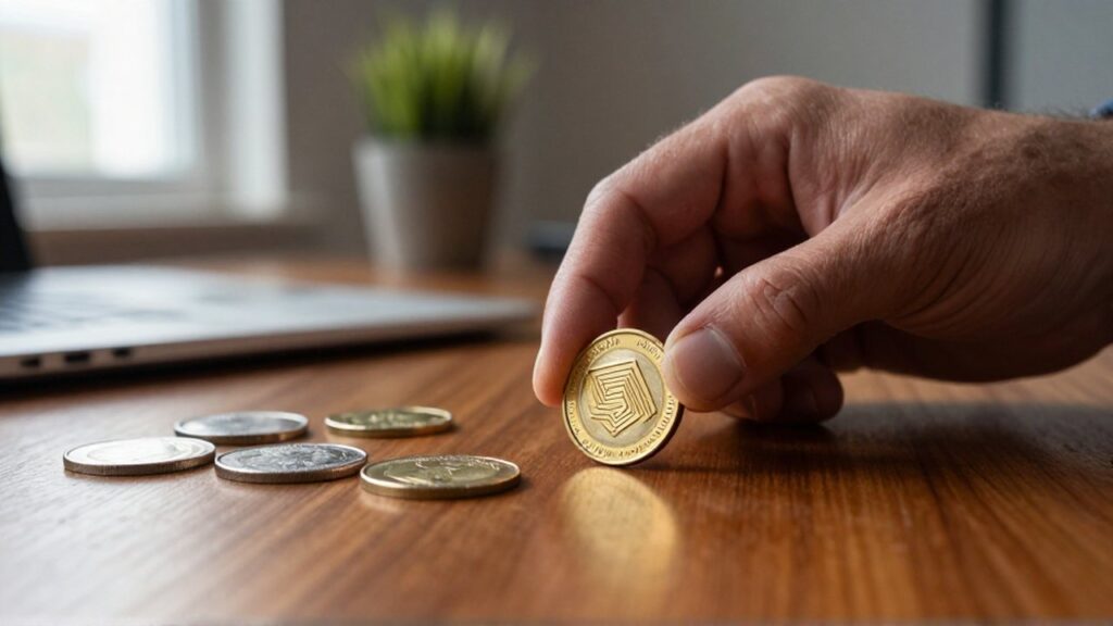 Una mano coloca una moneda de oro con un símbolo geométrico sobre un escritorio de madera.