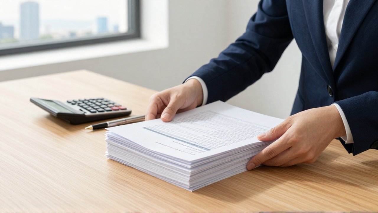 Persona organizando documentos financieros y extractos bancarios sobre un escritorio de madera en una oficina luminosa.
