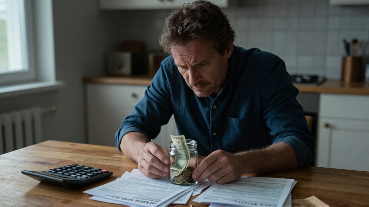 Hombre con expresión preocupada observa facturas vencidas y una pequeña cantidad de dinero en efectivo.
