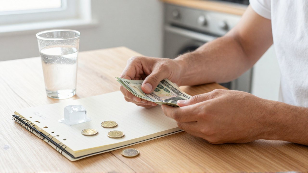 Manos contando billetes y monedas sobre una mesa de madera junto a un cuaderno contable.