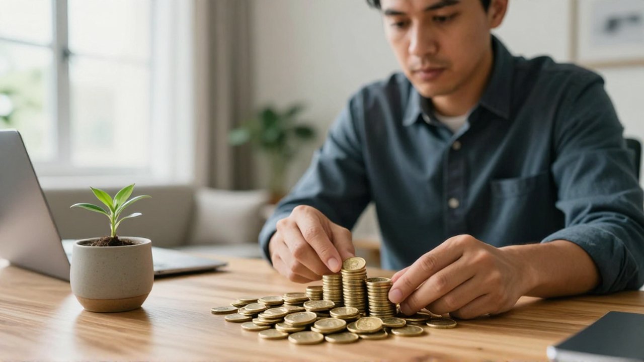 Inversor concentrado examinando una gran pila de monedas de oro junto a una pequeña planta en su oficina.