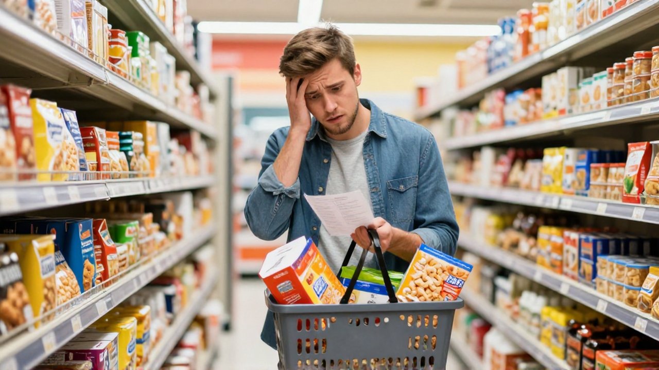 Hombre estresado con una cesta llena de alimentos procesados mira su lista de la compra en un supermercado.