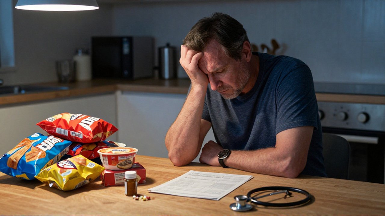 Hombre preocupado frente a comida procesada y una factura médica sobre la mesa de la cocina.