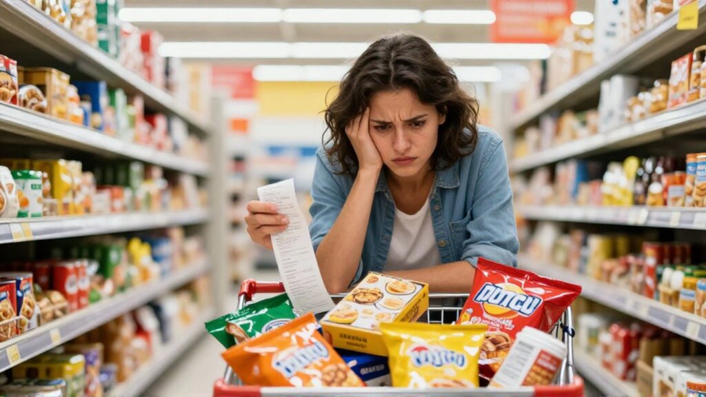 Persona estresada frente a un carrito lleno de alimentos procesados y un largo recibo de compra.