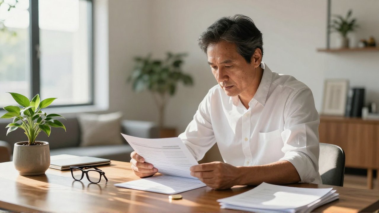 Inversor analizando documentos financieros en un escritorio ordenado de una oficina luminosa y moderna.