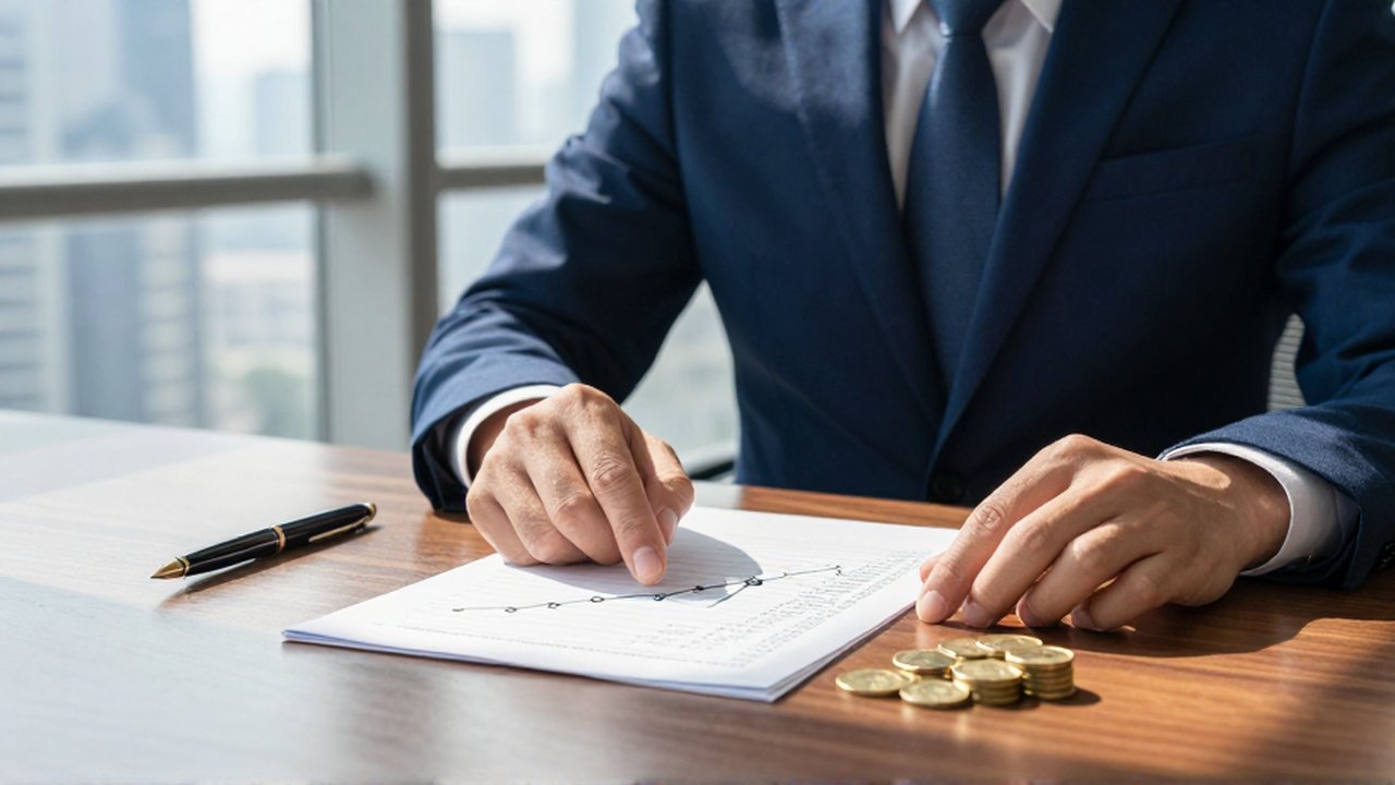 Asesor financiero señala un gráfico de rendimientos ascendentes sobre un escritorio en una oficina moderna.