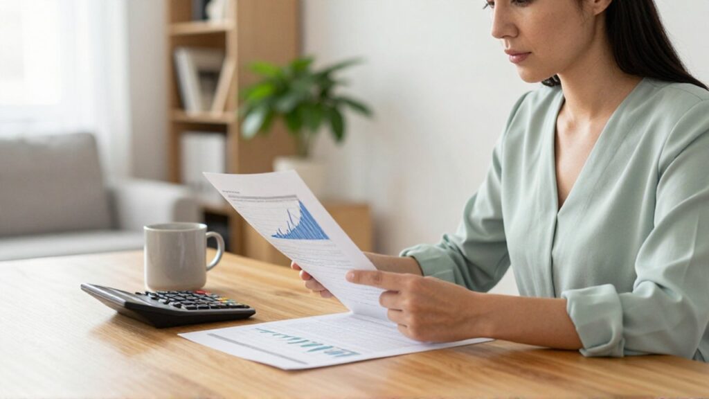 Mujer profesional revisa un gráfico financiero ascendente en su escritorio de una oficina luminosa.