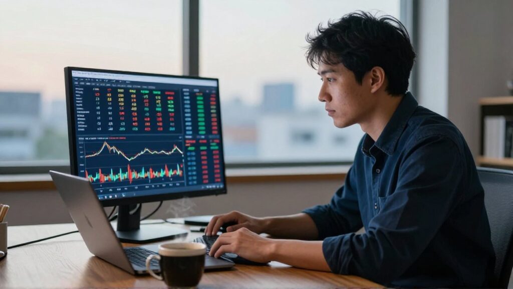 Trader concentrado analiza gráficos financieros en un monitor dentro de una oficina moderna al amanecer.