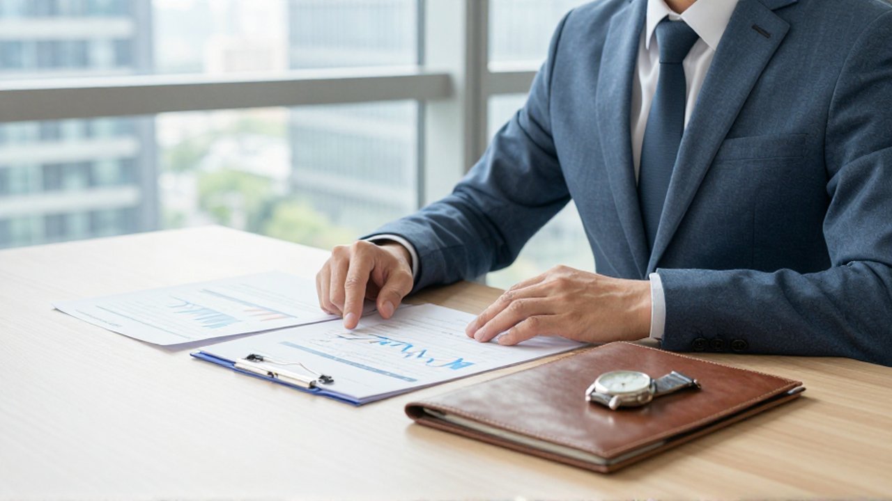 Asesor financiero señala documentos y un gráfico de crecimiento sobre un escritorio de madera.