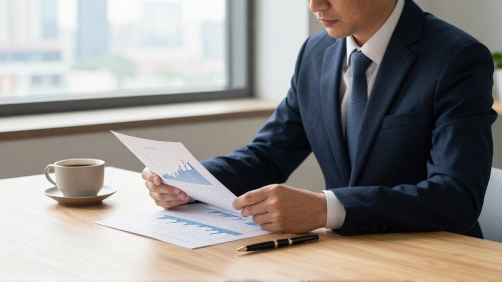Inversor profesional revisa con calma un informe financiero con gráficos ascendentes en una oficina luminosa.