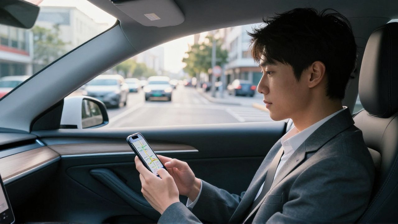Hombre joven revisando un mapa en su smartphone mientras viaja como pasajero en un coche urbano.