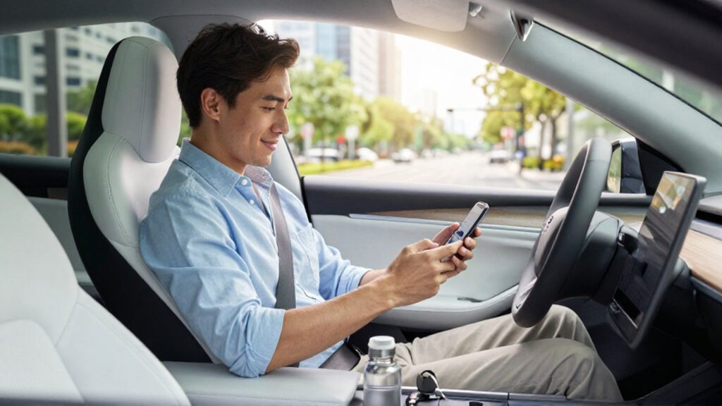 Hombre joven sonríe mientras usa una aplicación móvil en su smartphone dentro de un coche eléctrico.