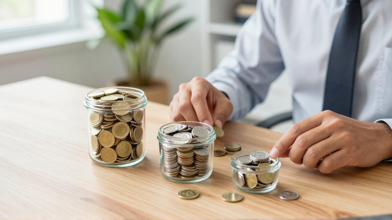 Analista organizando monedas de oro, plata y platino en tres recipientes de cristal sobre un escritorio.