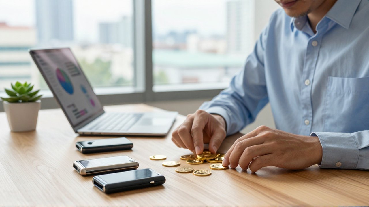 Analista financiero organizando monedas de oro y monederos de criptomonedas en un escritorio iluminado.