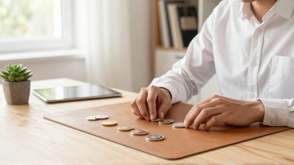 Joven inversor organizando tokens metálicos de activos digitales sobre un escritorio de madera en una oficina iluminada.