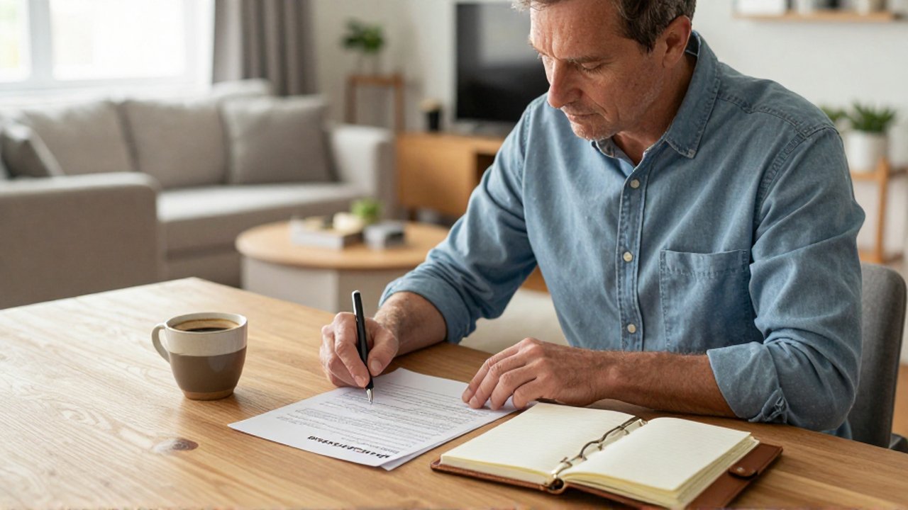 Hombre de mediana edad revisando documentos de seguros y una agenda en un escritorio luminoso.