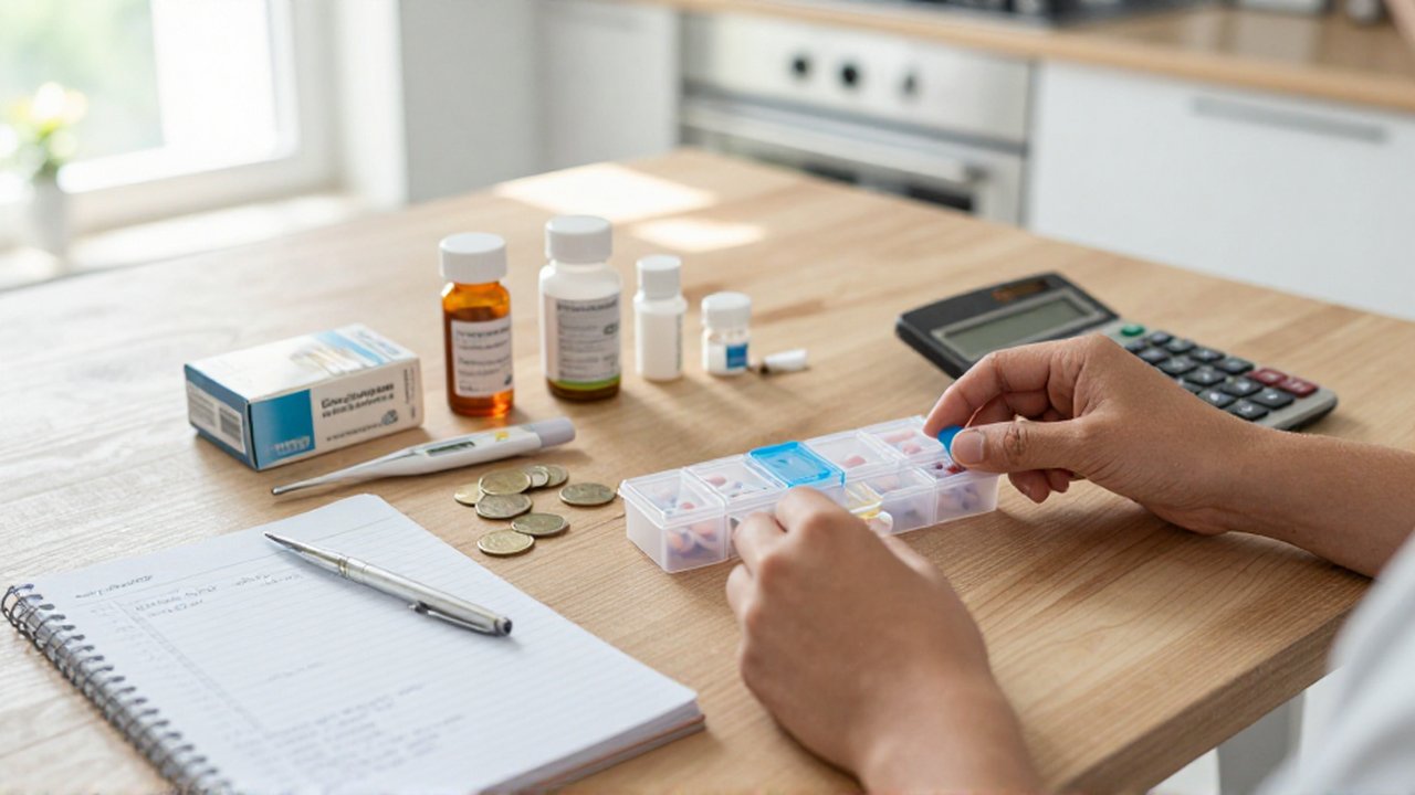 Manos organizando suministros médicos y medicamentos junto a un cuaderno de presupuesto sobre una mesa.