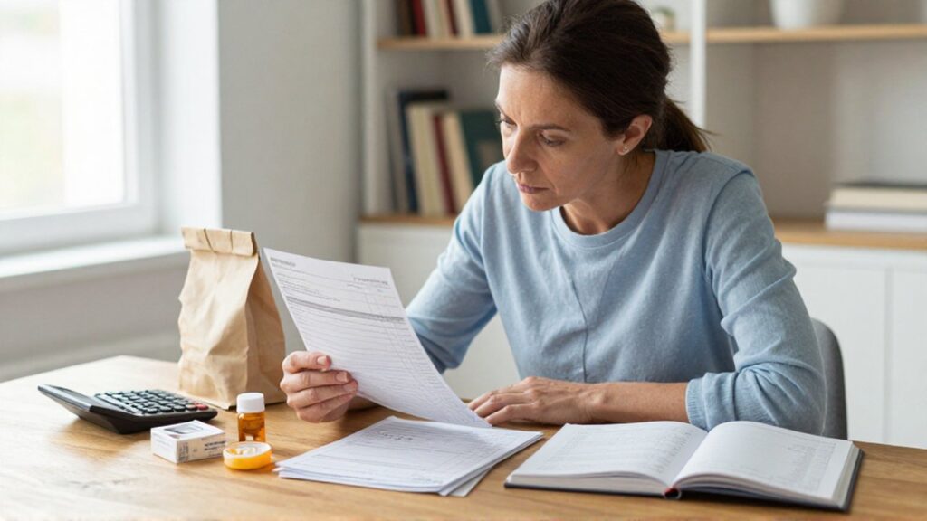 Mujer sentada en una mesa de madera revisando recibos médicos y organizando un presupuesto personal.