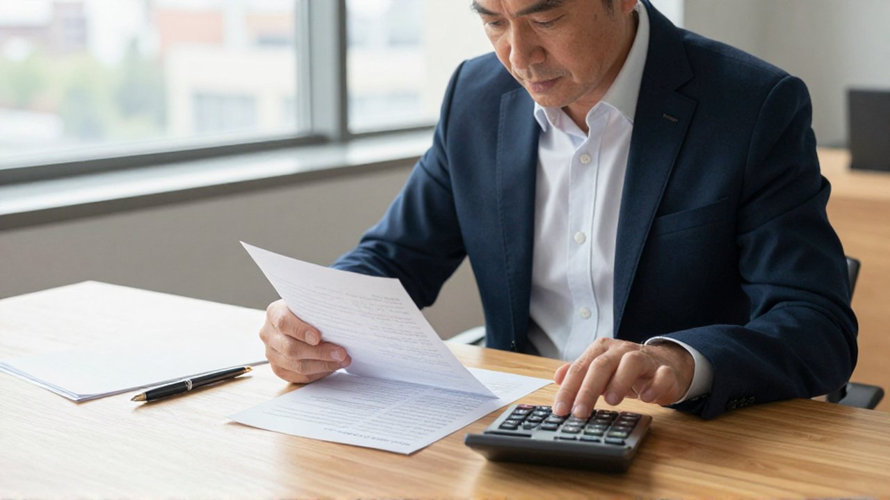 Hombre concentrado revisando documentos financieros y usando una calculadora en un escritorio de oficina moderno.