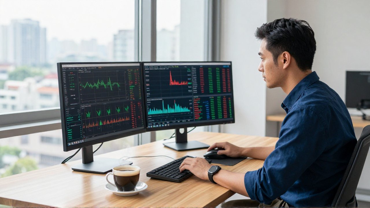 Trader concentrado analizando gráficos financieros en varios monitores dentro de una oficina luminosa.