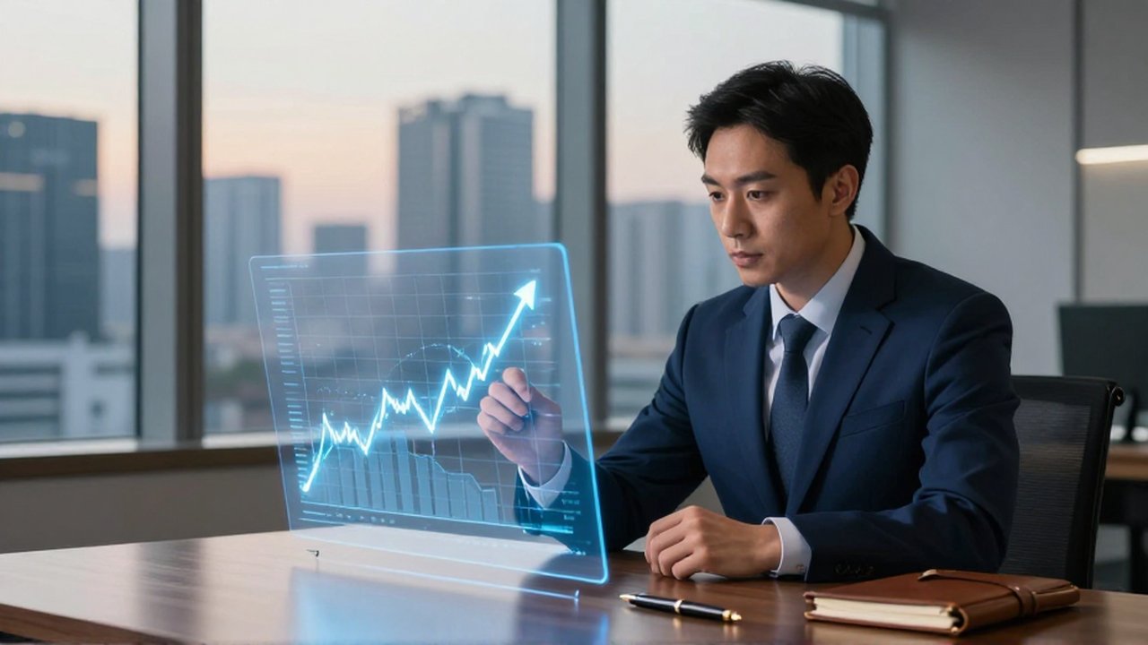 Analista financiero observa un gráfico holográfico de tendencia ascendente frente a un paisaje urbano al atardecer.