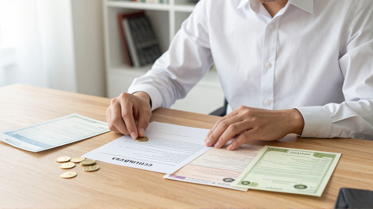 Inversor organizando monedas de oro, un contrato inmobiliario y certificados de acciones sobre un escritorio.