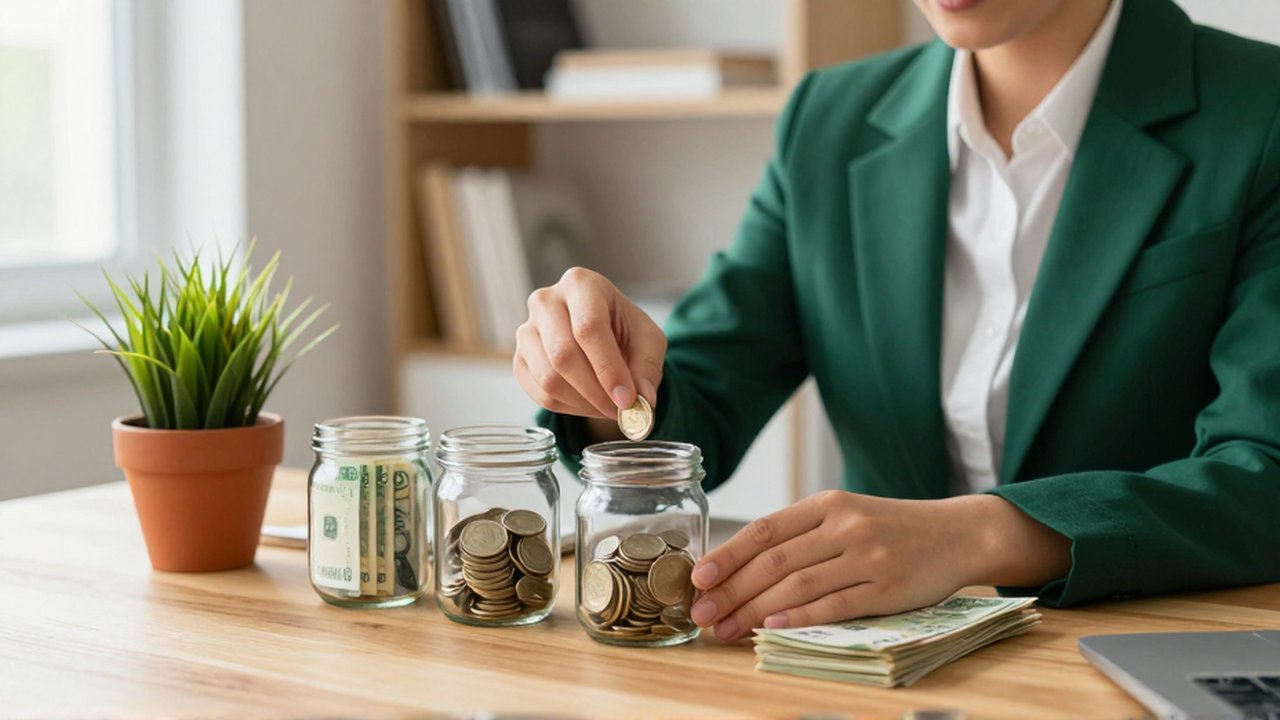 Persona organizando billetes y monedas en frascos de cristal junto a una planta en un escritorio.