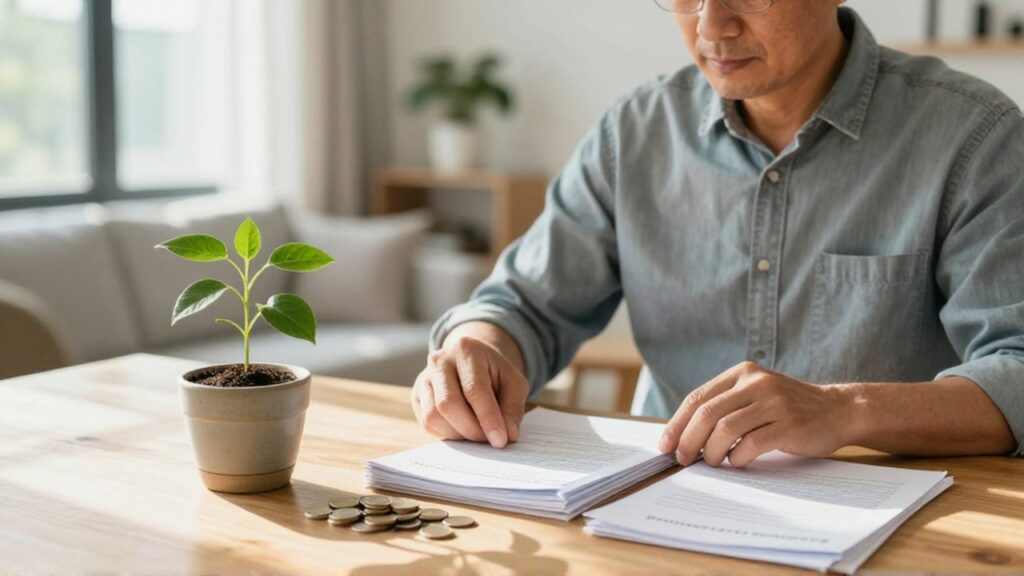 Hombre organizando documentos financieros y monedas junto a una planta joven en un hogar iluminado.