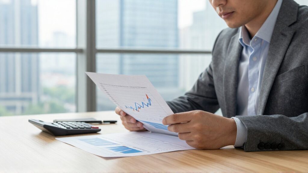 Analista financiero estudia gráficos económicos de tasas de interés e inflación en una oficina luminosa.